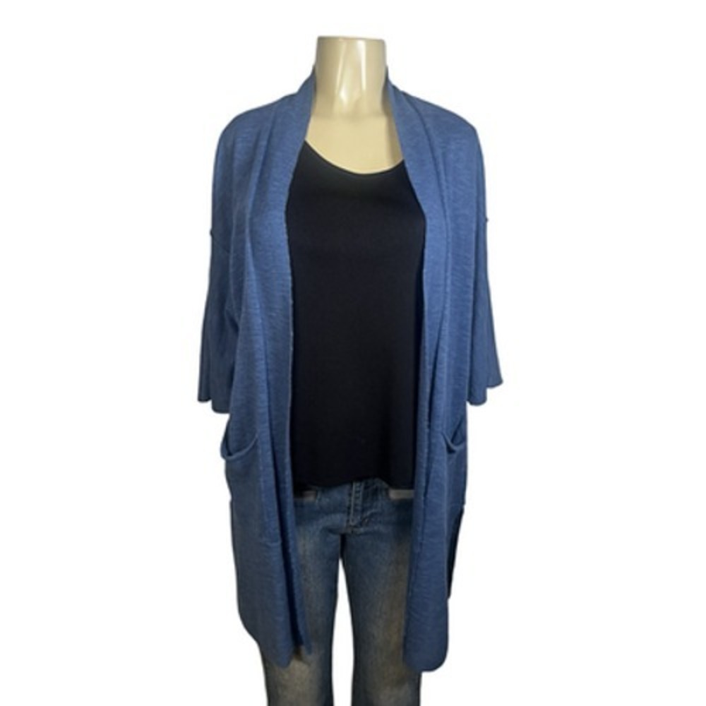 Eileen Fisher Sweater Womens XXS/XS Relaxed Fit Blue Linen Open Cardigan Pockets